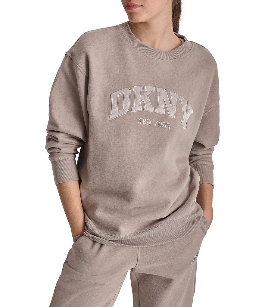 DKNY by Donna Karan Sport Varsity Satin Applique Satin Long Line Crew Neck Pullover Product Image