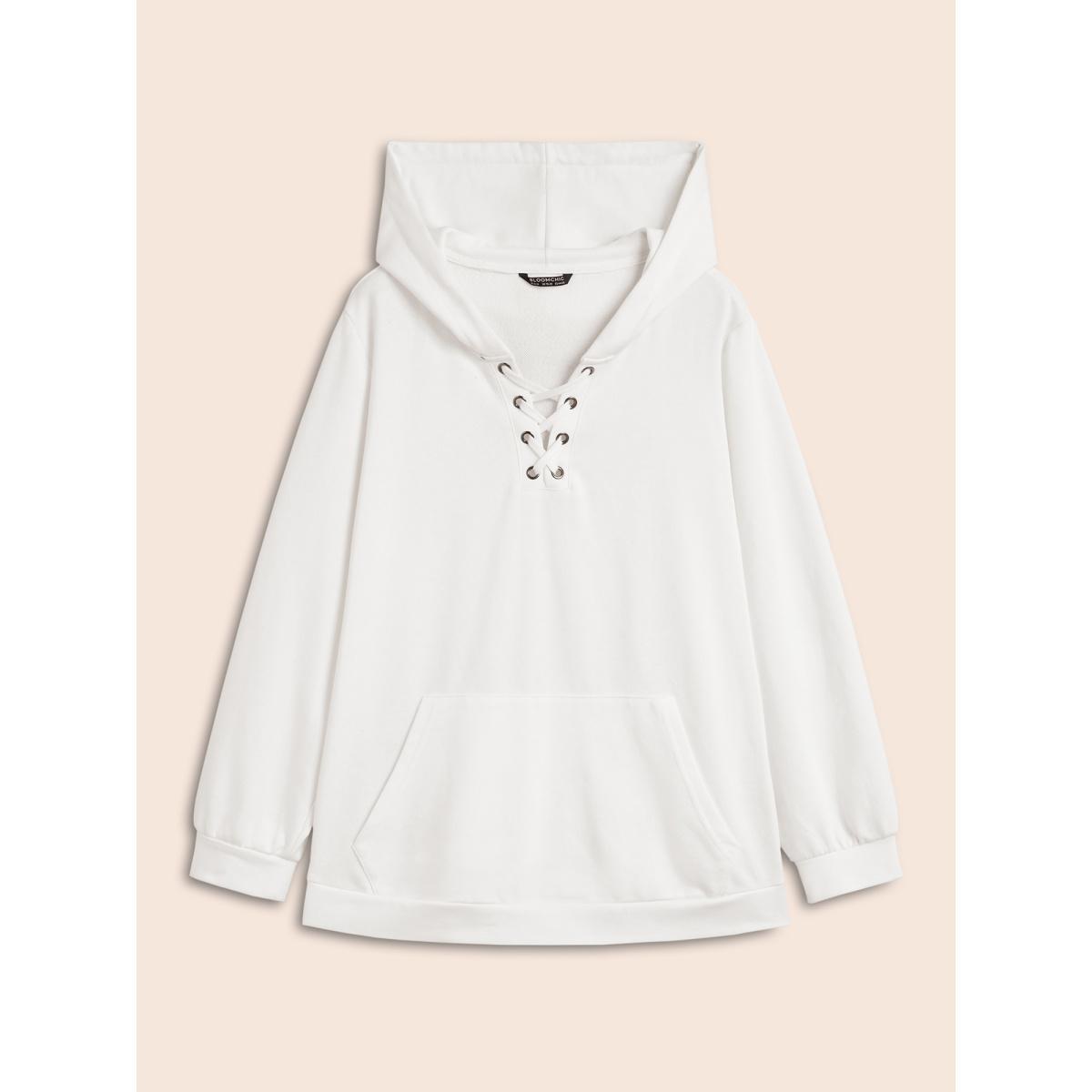 Plus Size Cross Straps Kangaroo Pocket Hooded Sweatshirt Women WhiteSmoke Elegant Eyelet Hooded Everyday Sweatshirts BloomChic 14-16/1X Product Image