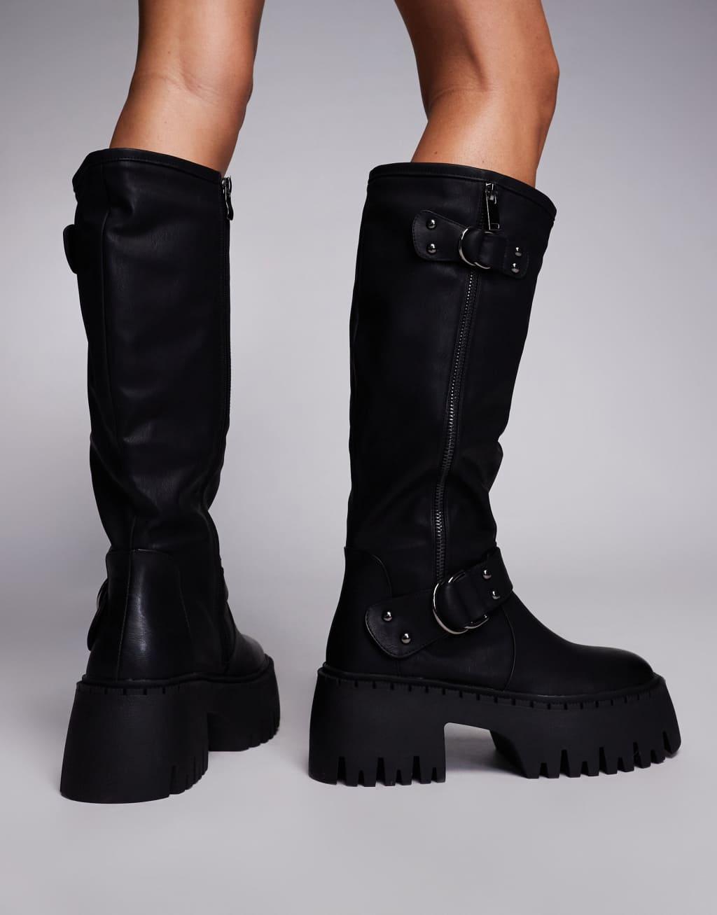 Simmi London Wide Fit Harli chunky biker boots in black Product Image