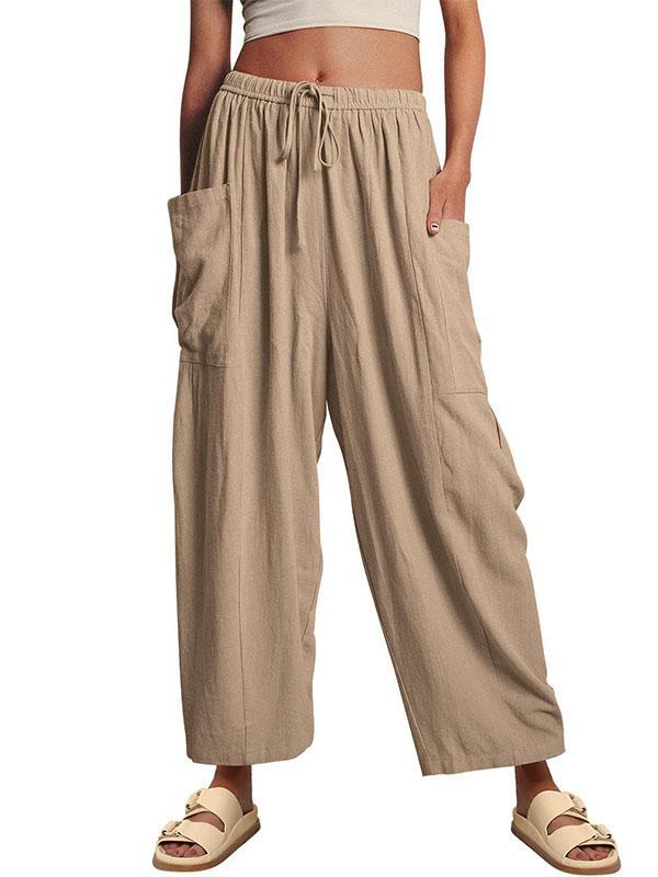 High Waisted Loose Drawstring Elasticity Pleated Pockets Solid Color Ninth Pants Trousers Product Image