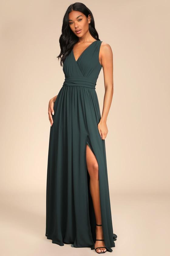 Thoughts of Hue Emerald Green Surplice Maxi Dress Product Image