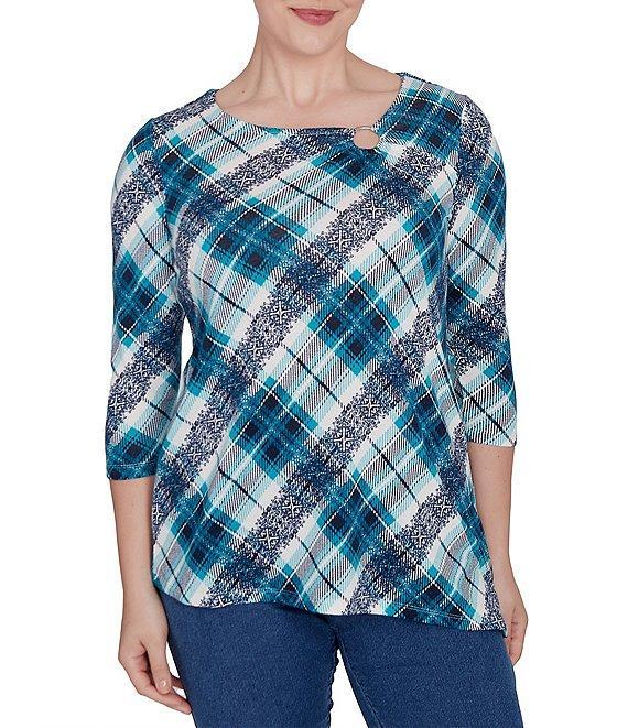 Ruby Rd. Knit Plaid O-Ring Detail Crew Neck 3/4 Sleeve Hatchi Top Product Image