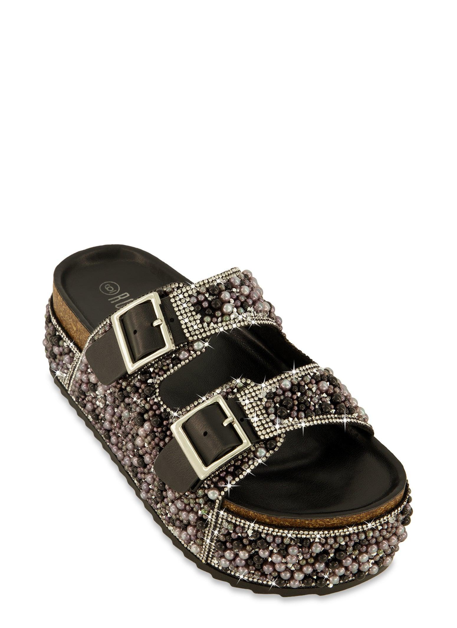 Womens Rhinestone Faux Pearl Platform Footbed Sandals Product Image