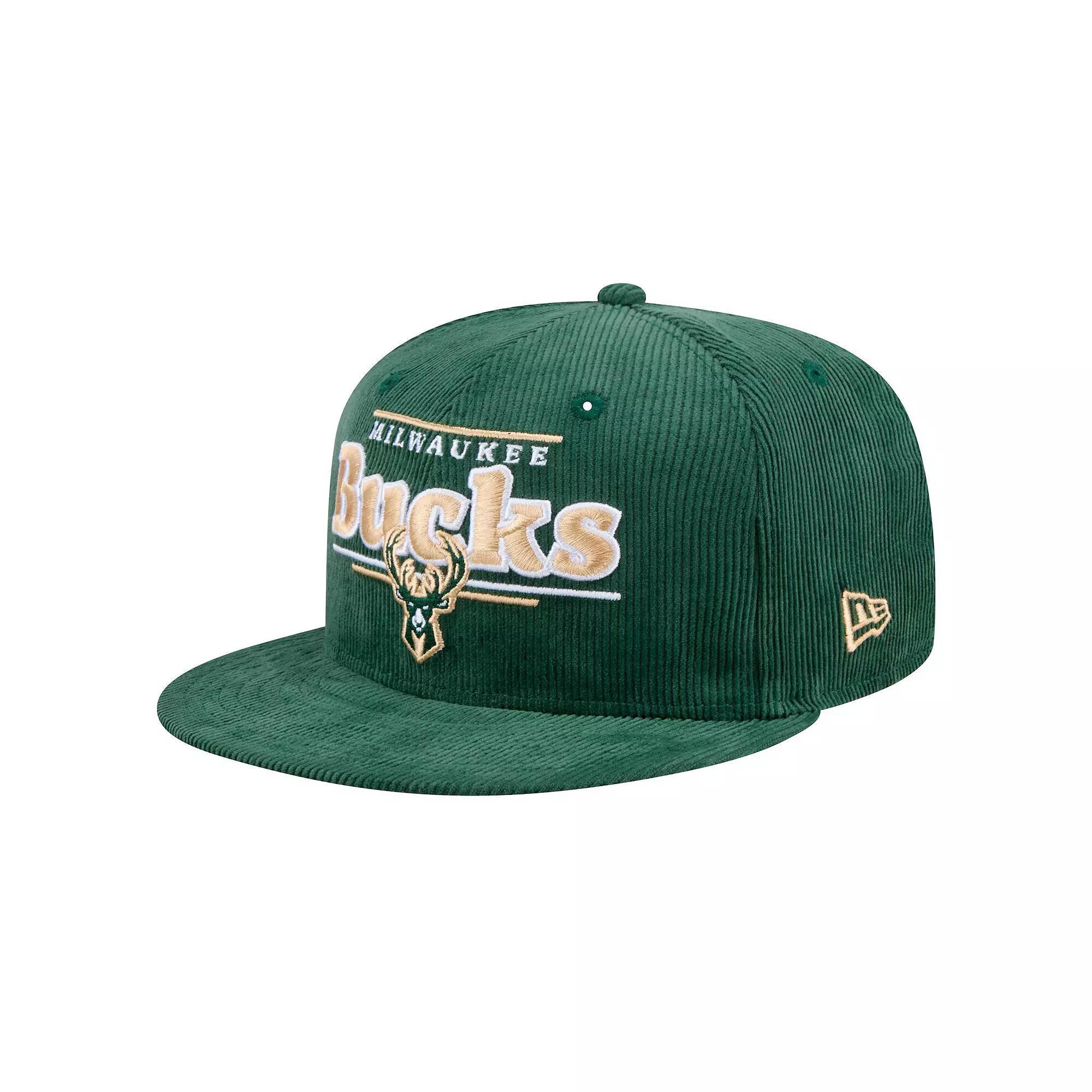 Men's New Era Hunter Green Milwaukee Bucks Throwback Display Corduroy 9FIFTY Snapback Hat, Team Product Image