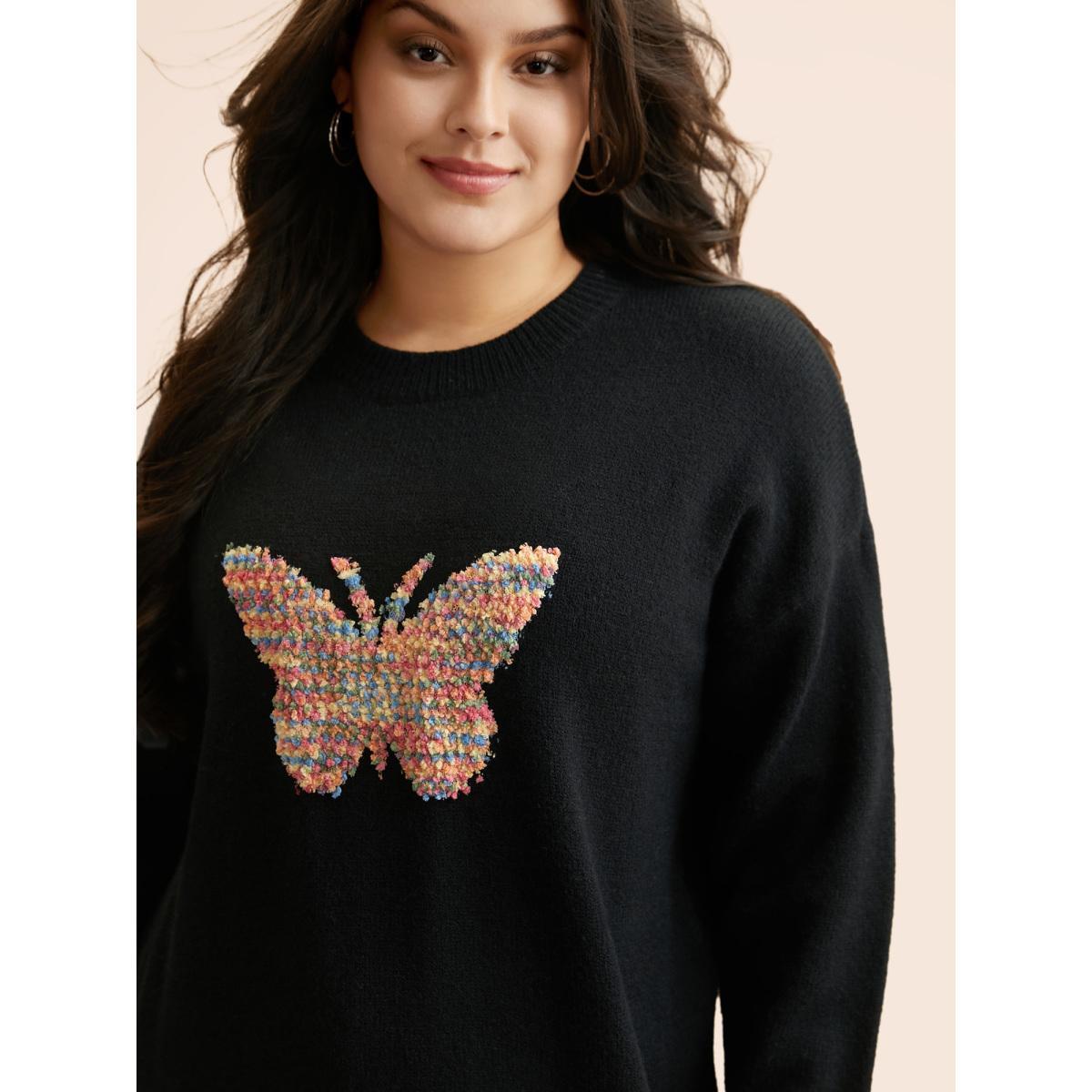 Plus Size Butterfly Jacquard Drop Shoulder Pullover Black Women Casual Long Sleeve Round Neck Everyday Pullovers BloomChic 14-16/1X Product Image