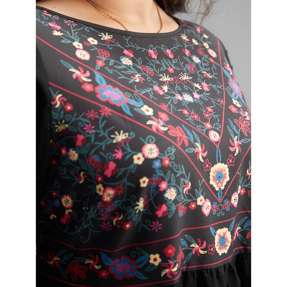 Plus Size Black Boho Print Patchwork Lantern Sleeve Gathered Blouse Women Vacation Long Sleeve Round Neck Dailywear Blouses BloomChic 26/4X Product Image