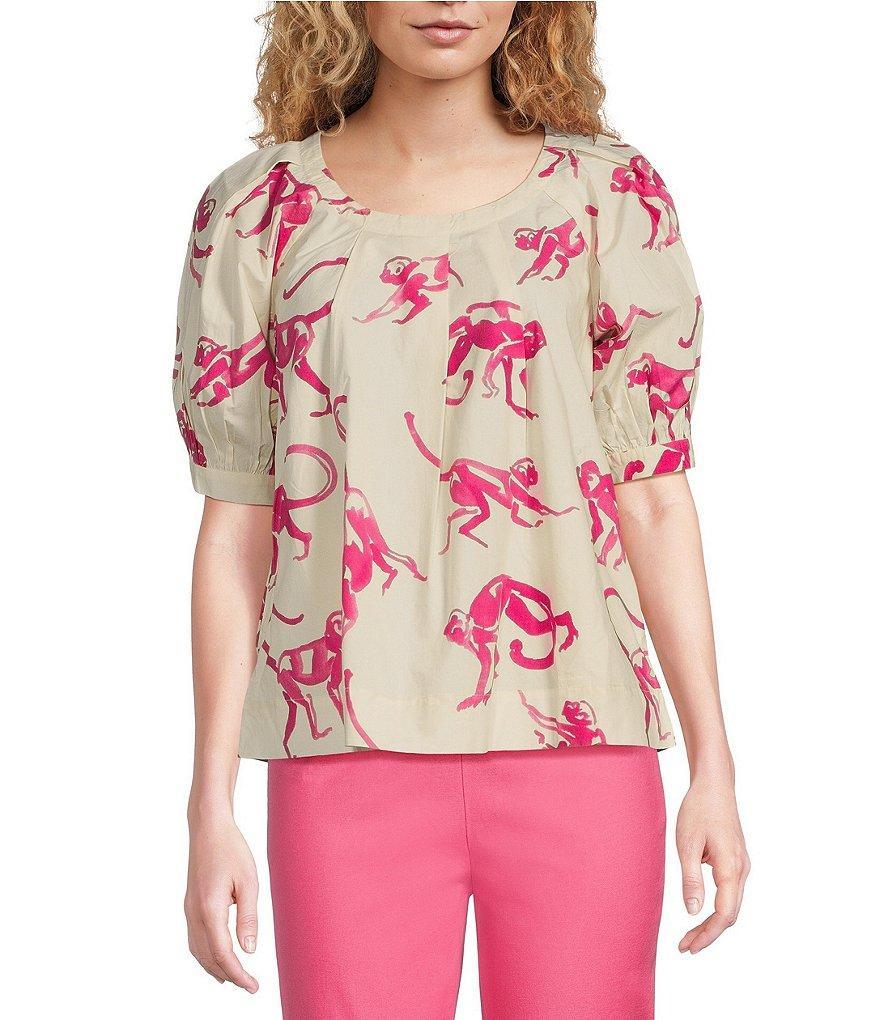 FRANCES VALENTINE Zonda Cotton Poplin Monkey Print Scoop Neck 3/4 Puff Sleeve Top Product Image