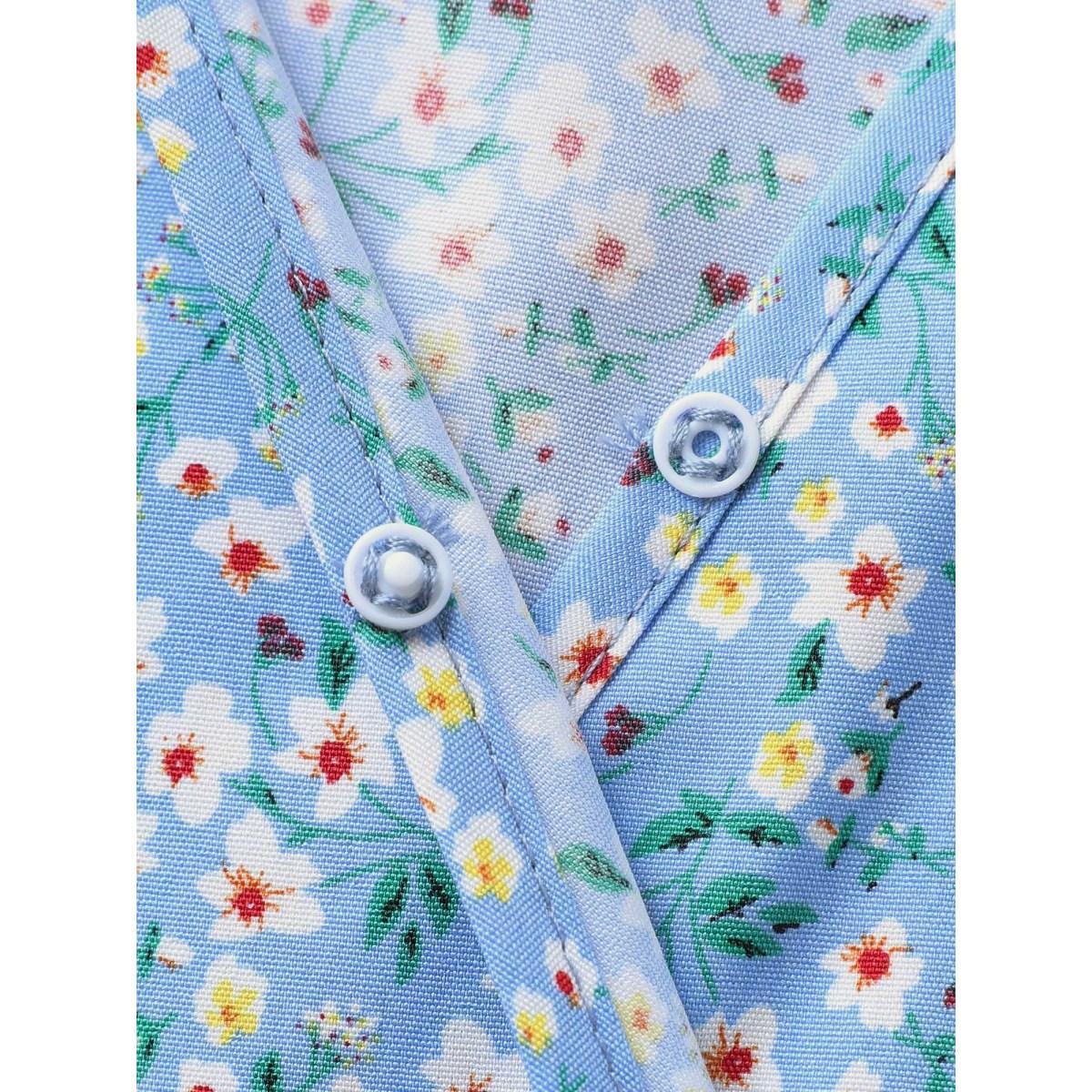 Plus Size Ditsy Floral Overlapping Pleated Belted Dress LightBlue Women Elegant Overlapping V-neck Short sleeve Curvy BloomChic 12/L Product Image