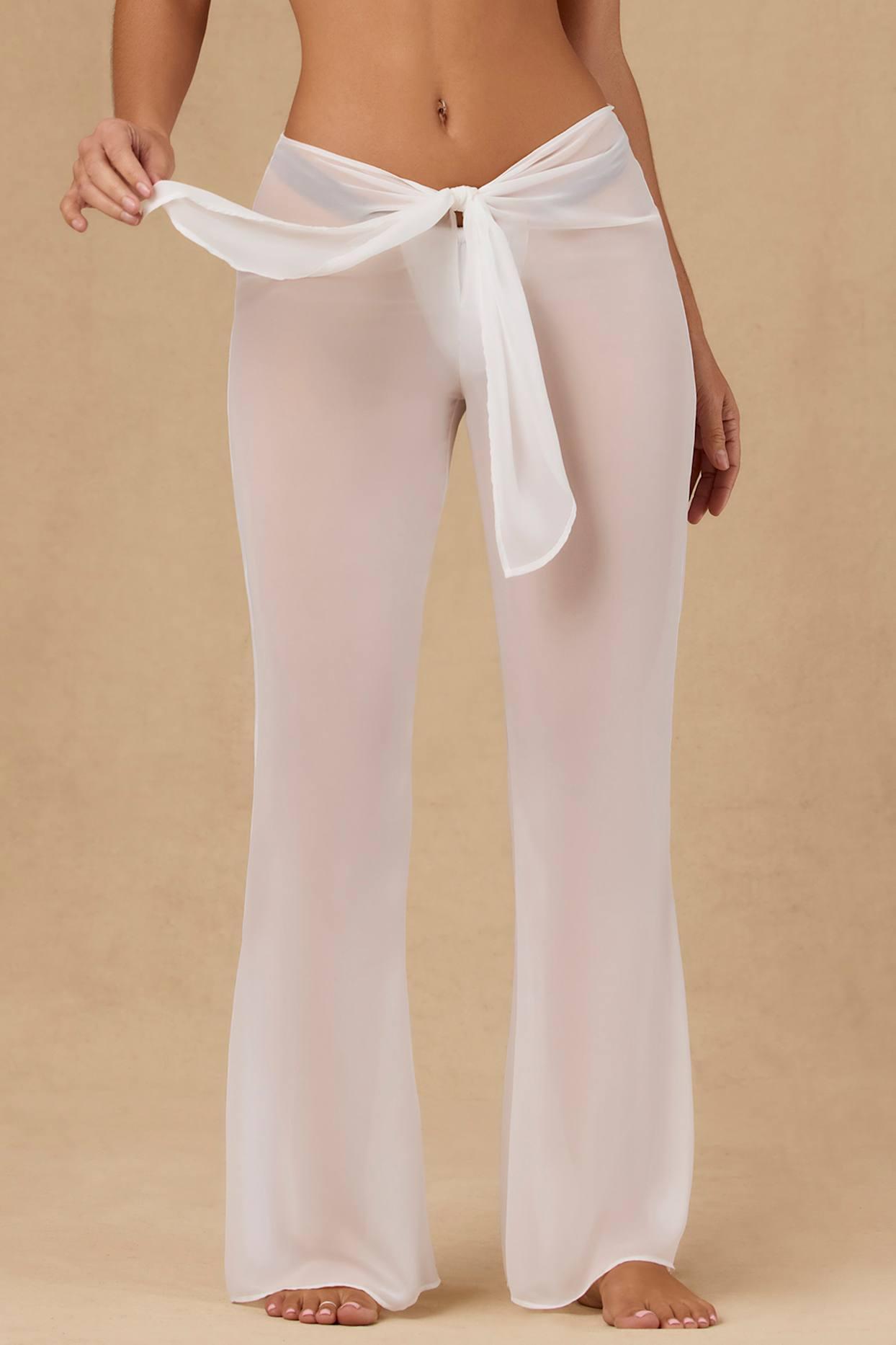 Tie-Front Wide-Leg Trousers in White Product Image