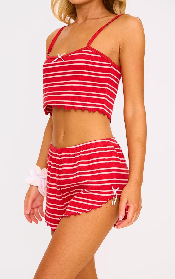 Red Ribbed Stripe Lettuce Hem Cami And Short PJ Set Product Image