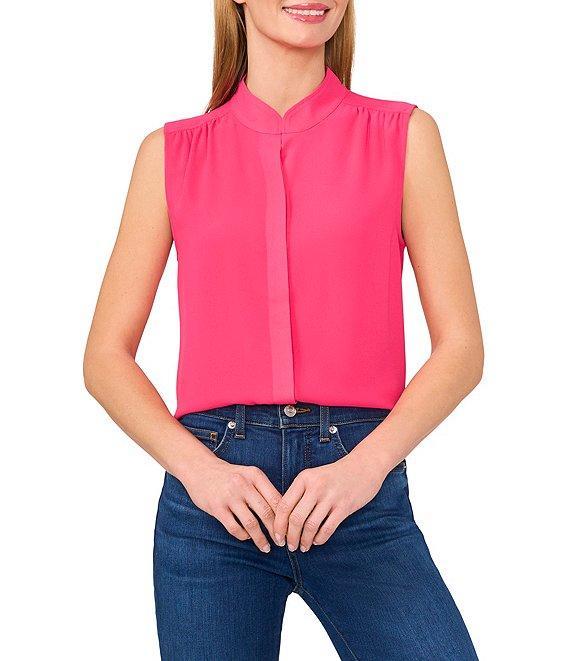 CeCe Woven Stand Collar Sleeveless Button Front Top Product Image