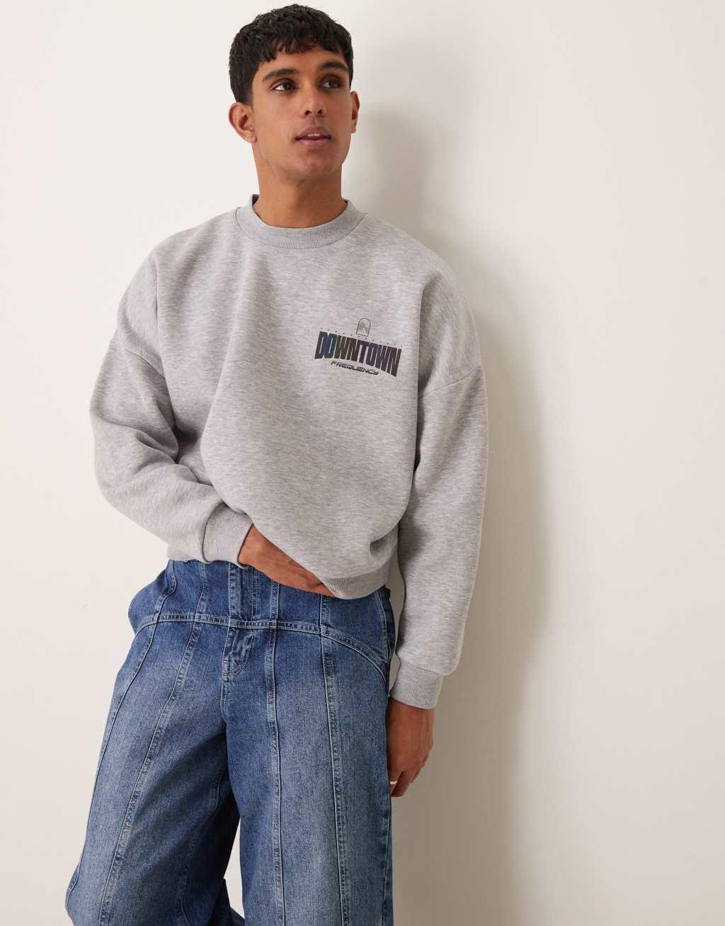 ASOS DESIGN oversized dropped shoulder sweatshirt with reflective print in beige Product Image