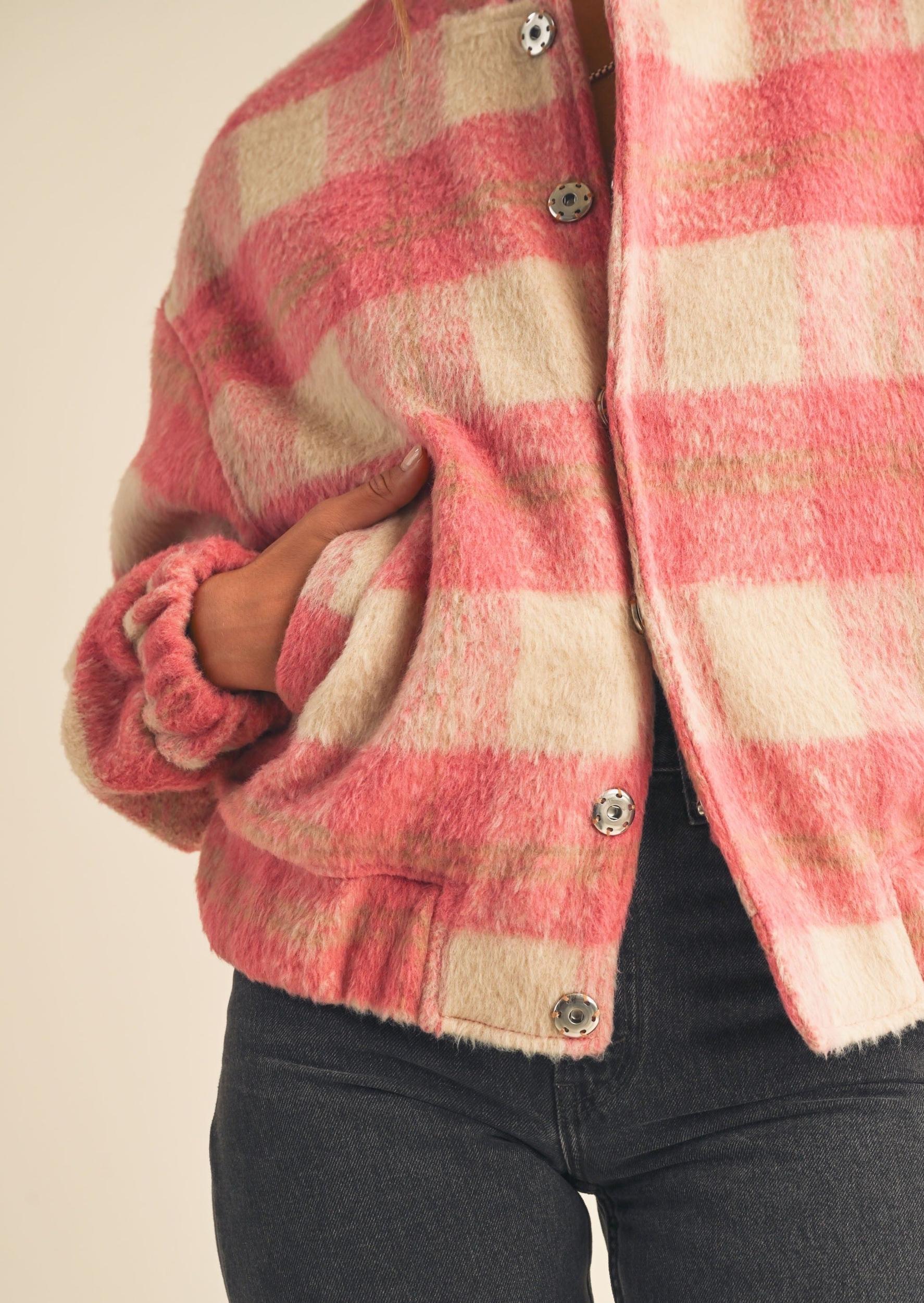 Fuzzy Plaid Bomber Jacket Product Image