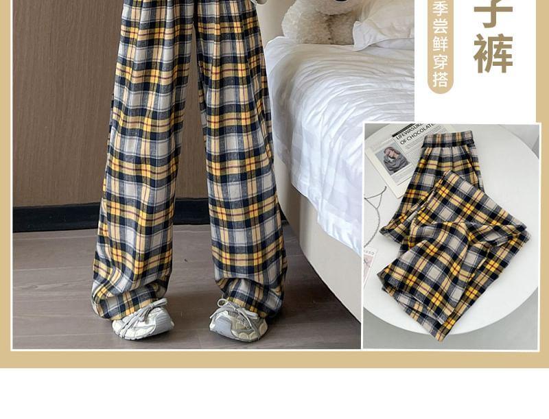 Drawstring Waist Plaid Wide Leg Pants (Various Designs) Product Image