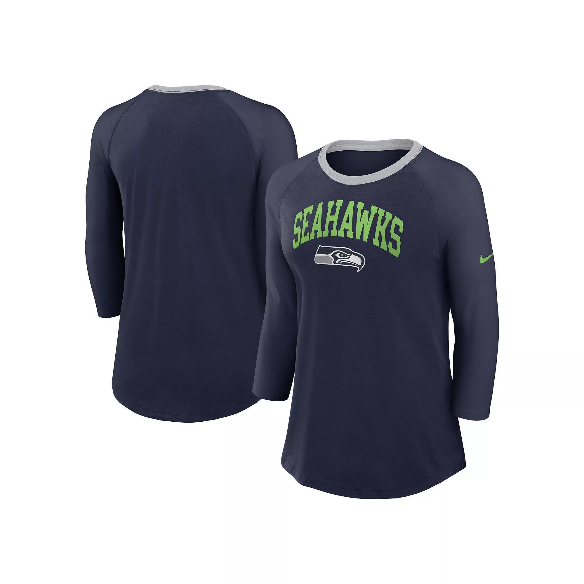 Women's Nike College Navy Seattle Seahawks Raglan 3/4 Sleeve T-Shirt,  Product Image