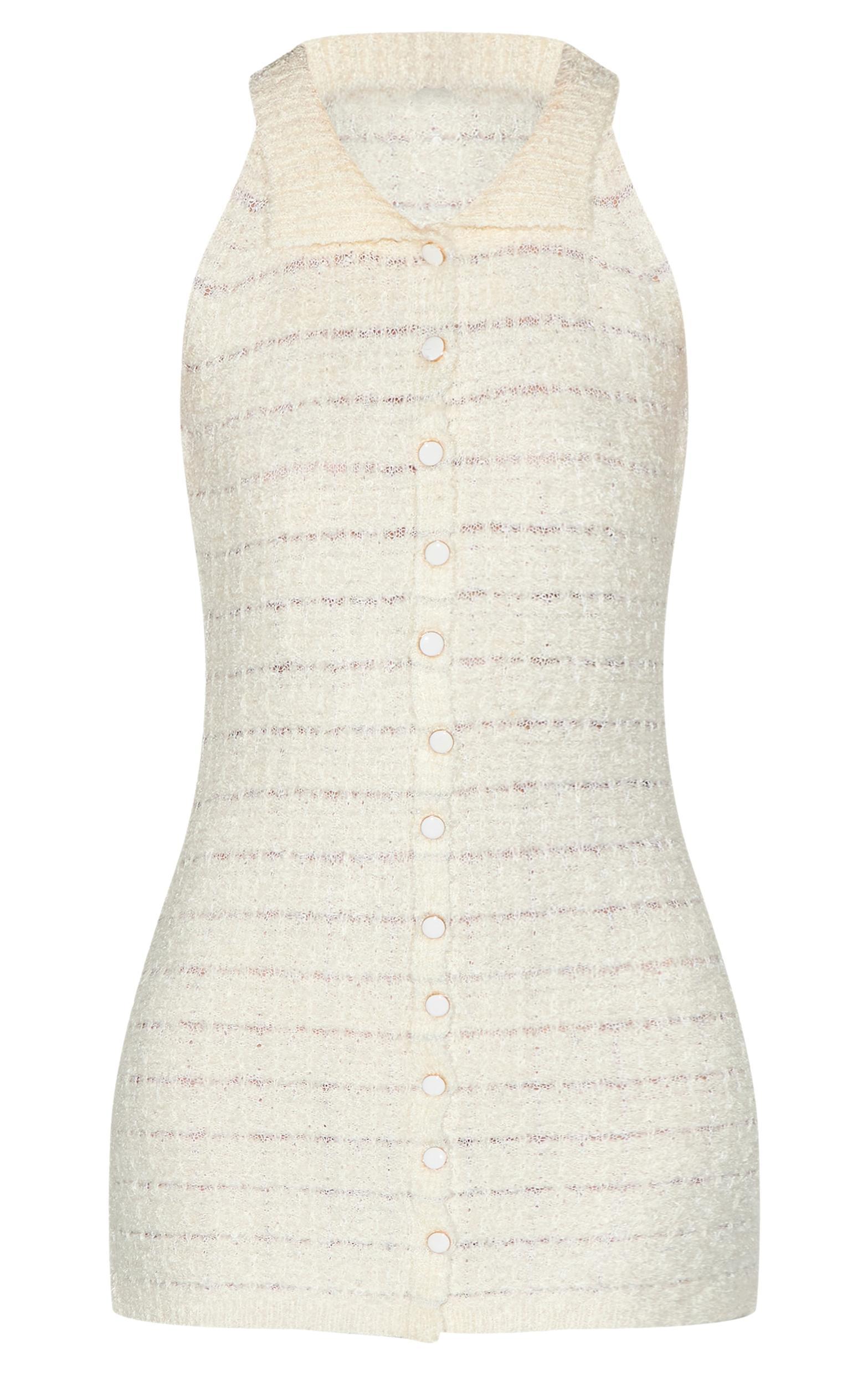  Cream Boucle Knit Button Through Collar Detal Mini Dress Product Image