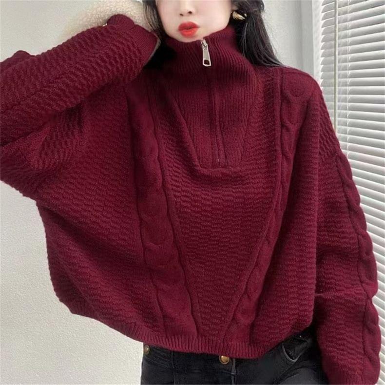 Turtleneck Half Zip Plain Cable Knit Sweater Product Image