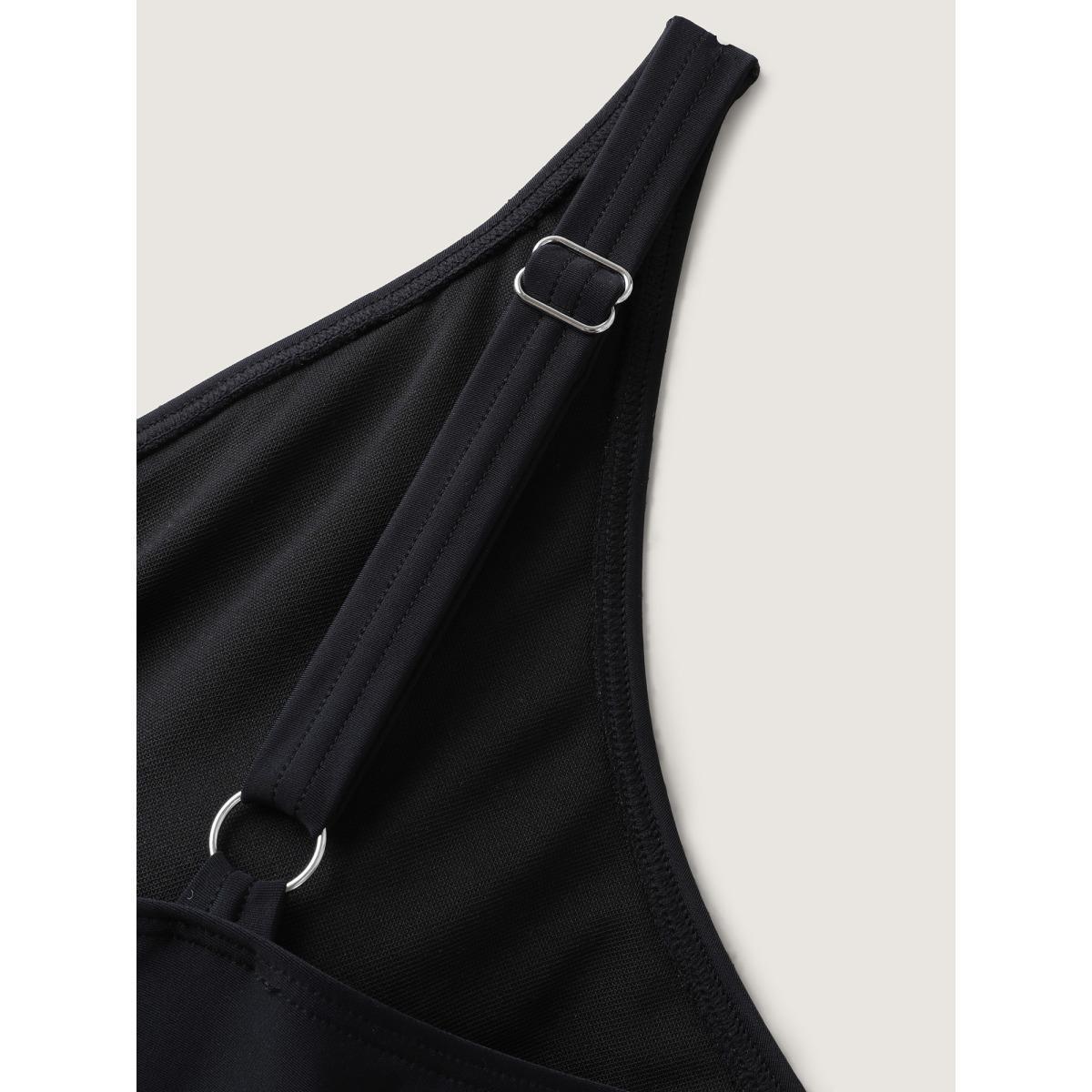 Plus Size Floral Embroidered Sheer Surplice Swim Dress Women's Swimwear Black Resort Bodycon Overlap Collar High stretch Curve Swim Dresses BloomChic 10/M Product Image