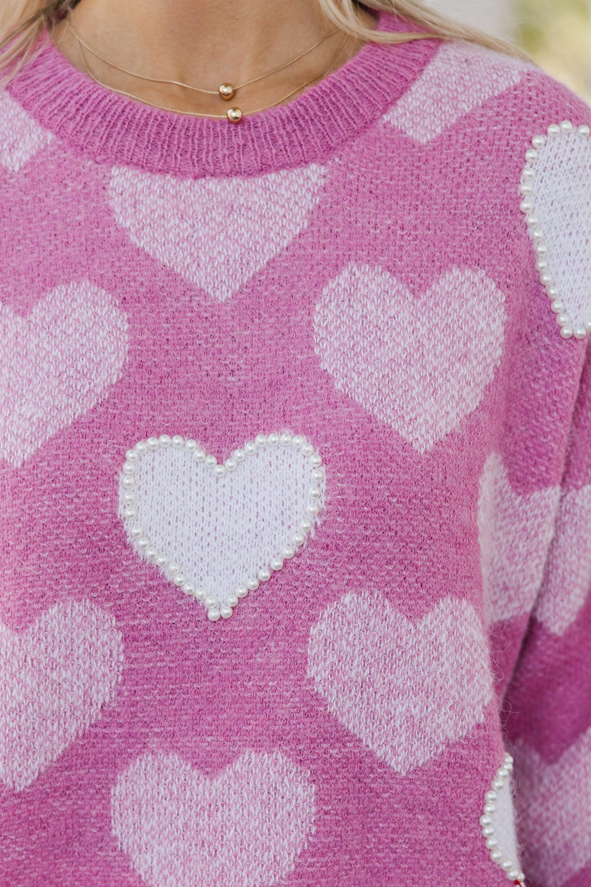 Feeling The Love Pink Heart Pearl Detailed Sweater Female Product Image