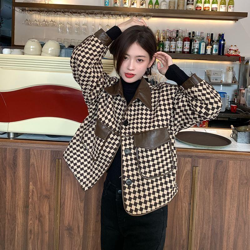 Leather-Trim Houndstooth Jacket Product Image