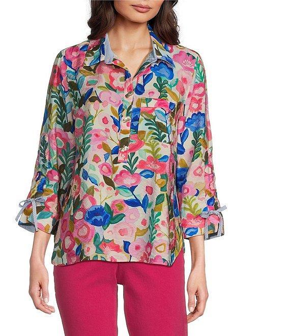 John Mark Woven Floral Camp Notch Collar 3/4 Cinch Tie Sleeve Shirt Product Image
