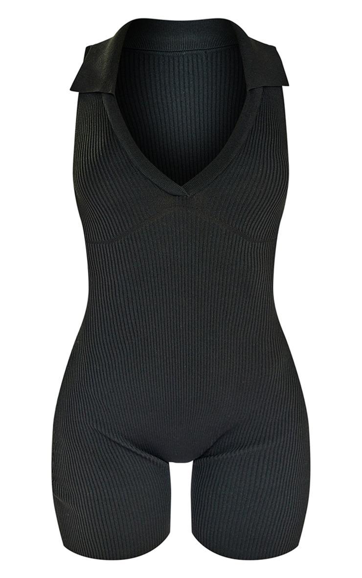 Black Collared Rib Knit Romper Product Image