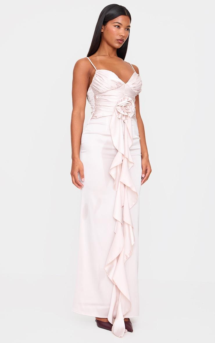 Champagne Satin Corsage Detail Strappy Maxi Dress Product Image