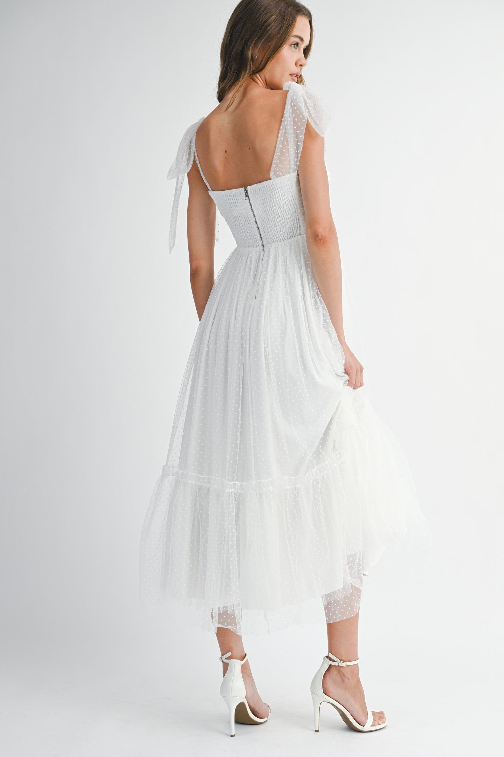 Polka Dot Mesh Tie Shoulder Midi Dress Product Image