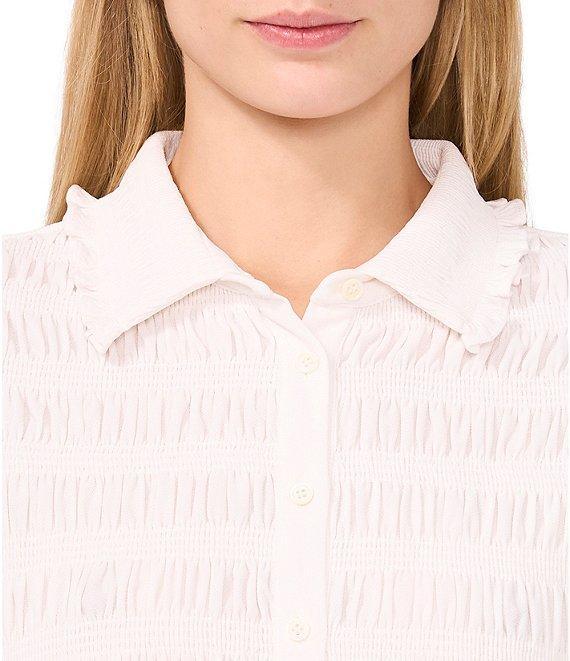 CeCe Point Collar 3/4 Ruffle Sleeve Smocked Button Front Shirt Product Image