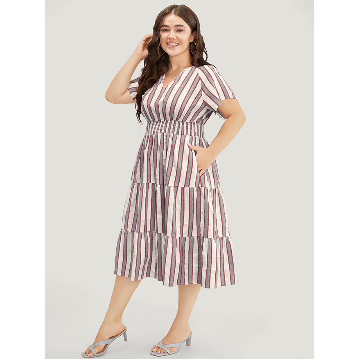 Plus Size Striped Contrast Pocket Shirred Flutter Tiered Dress Burgundy Women Resort Non V-neck Short sleeve Curvy Midi Dress BloomChic 30/6X Product Image