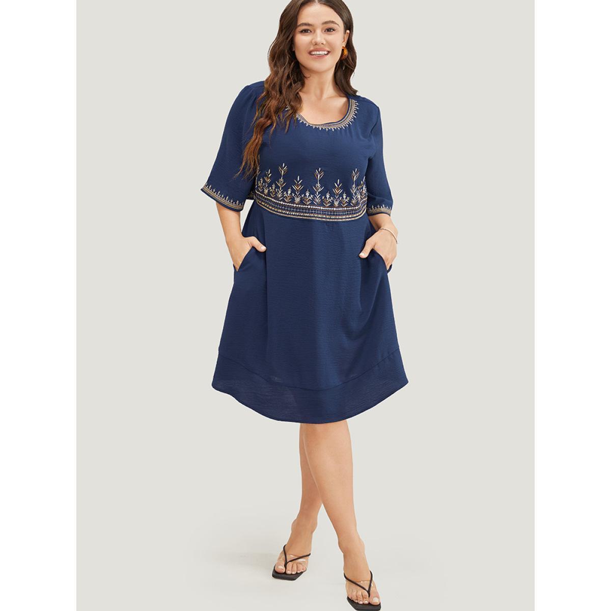 Plus Size Plant Embroidered Pocket Ruffle Sleeve Knee Dress Navy Women Vacation Embroidered Round Neck Short sleeve Curvy Knee Dress BloomChic 12/L Product Image