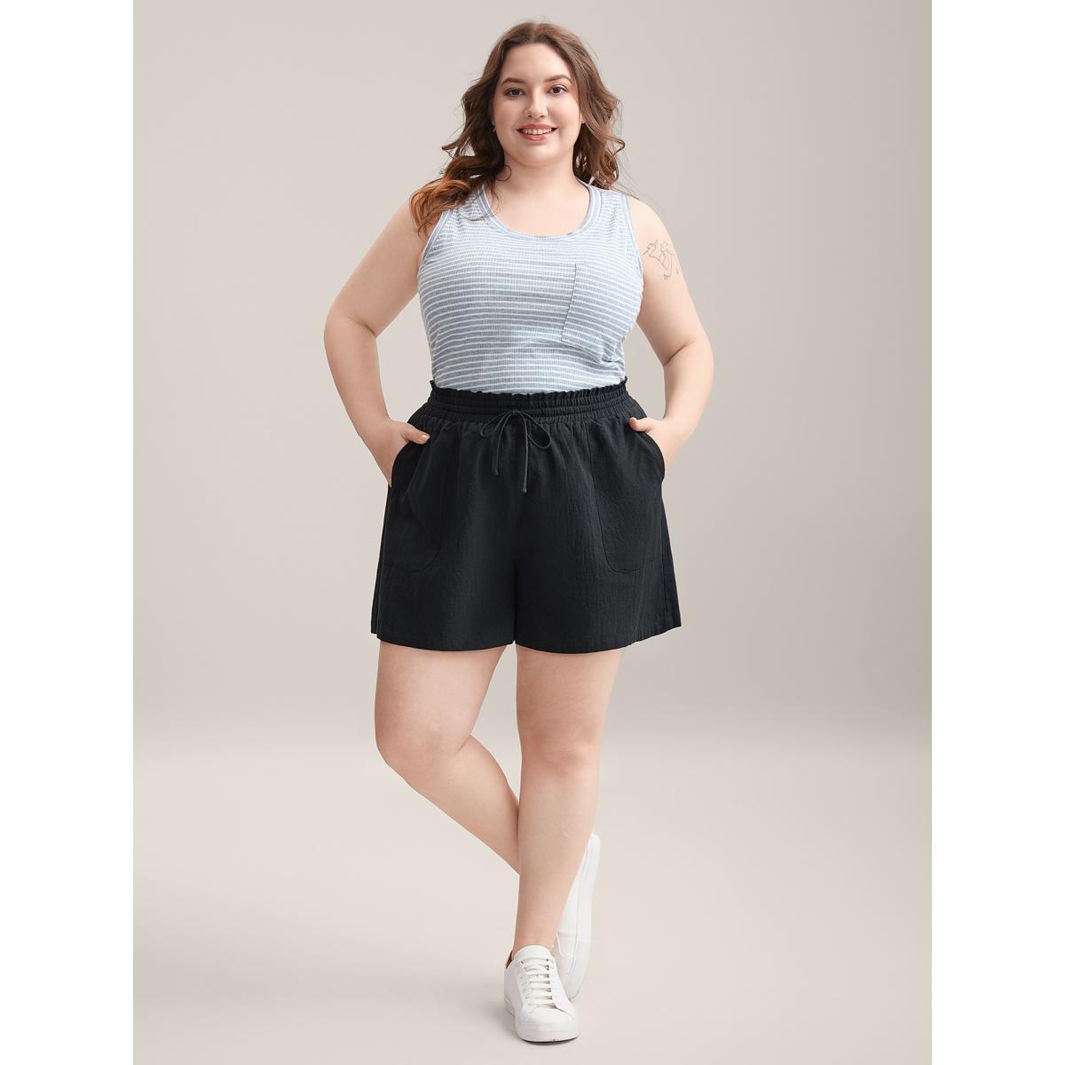 Plus Size Drawstring Waist Pockets Straight-Leg Shorts Women Black Casual Drawstring Straight Leg Casual Shorts BloomChic 22-24/3X Product Image