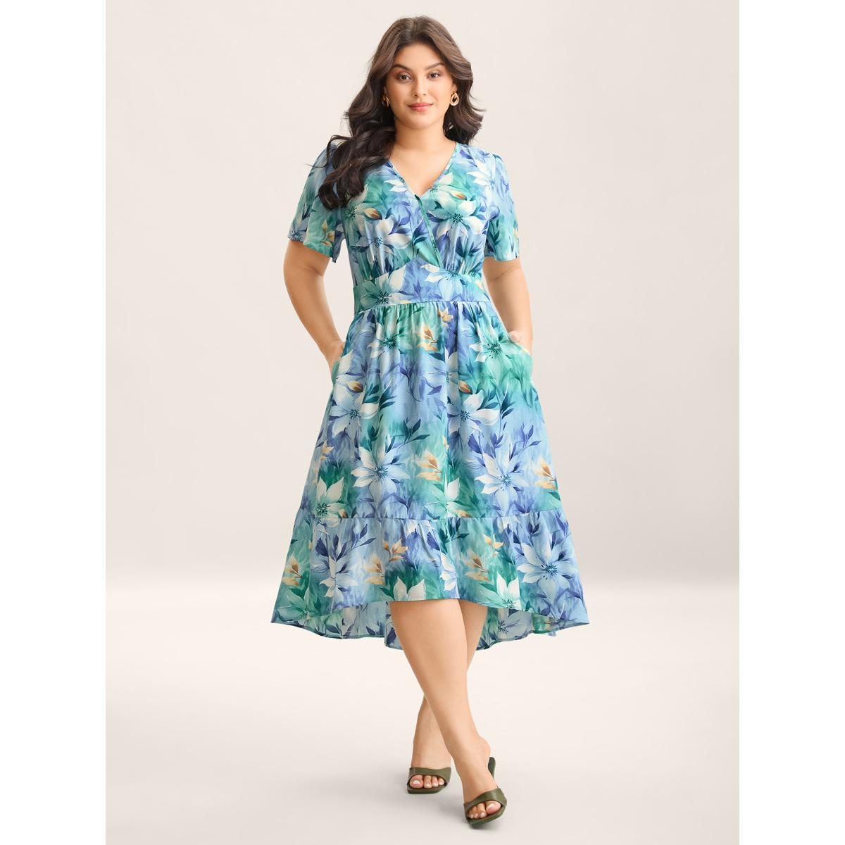 Plus Size Floral Print High Low Hem Midi Dress LightBlue Women Overlap Collar Short sleeve Curvy BloomChic 26/4X Product Image