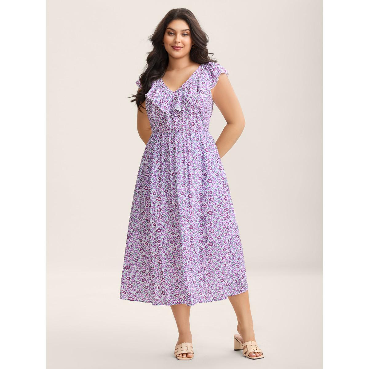 Plus Size Soft Floral Print Pockets Ruffled Midi Dress BlueViolet Women V-neck Cap Sleeve Curvy BloomChic 30/6X Product Image