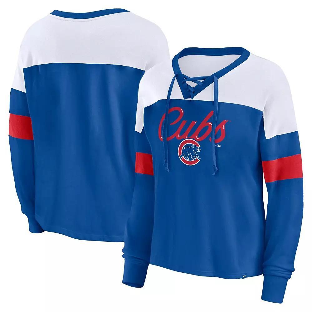 Women's Fanatics Branded Royal/White Chicago Cubs Even Match Lace-Up Long Sleeve V-Neck T-Shirt, Size: Small, Blue Product Image