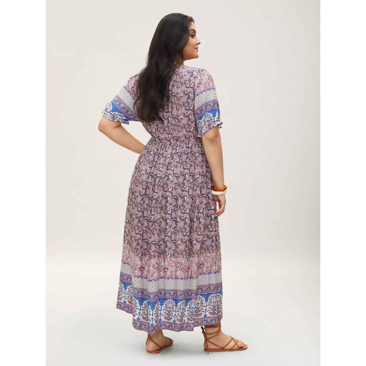 Plus Size Boho Print Notched Ties Tassel Trim Dress DustyPink Women Boho Non Flat collar with V-notch Short sleeve Curvy BloomChic 28/5X Product Image