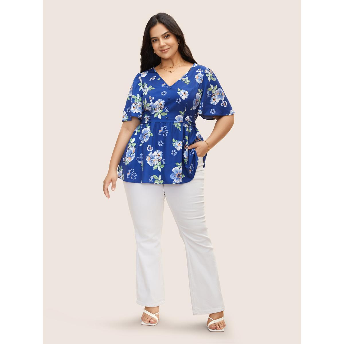 Plus Size Mediumblue Floral Print Ruched Ruffle Sleeve Blouse Women Elegant Short sleeve V-neck Everyday Blouses BloomChic 28/5X Product Image