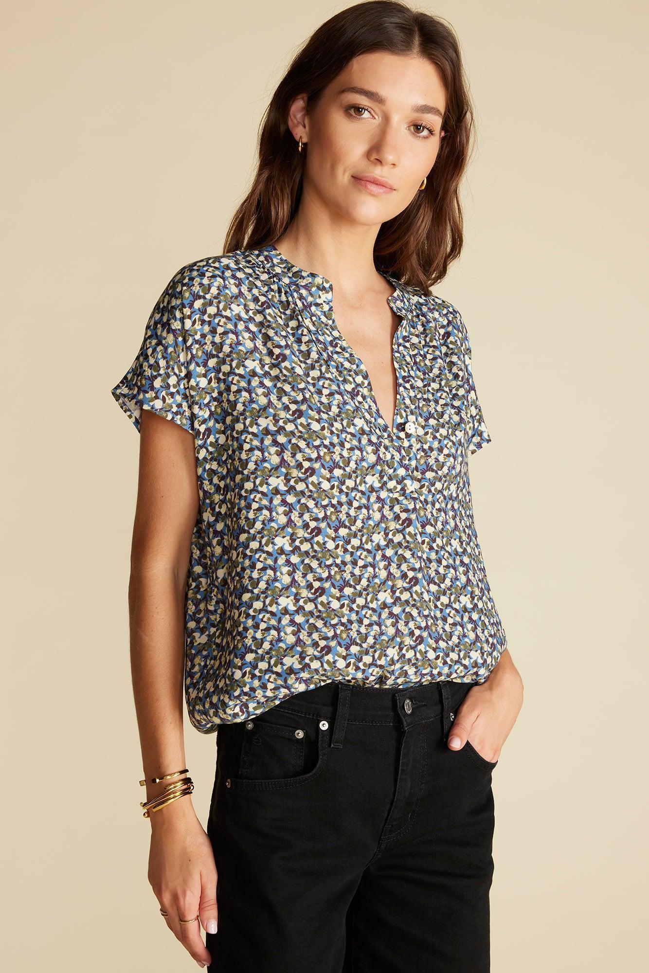 Renata Crepe Blouse - Rennes Sky Blue Floral Print Product Image