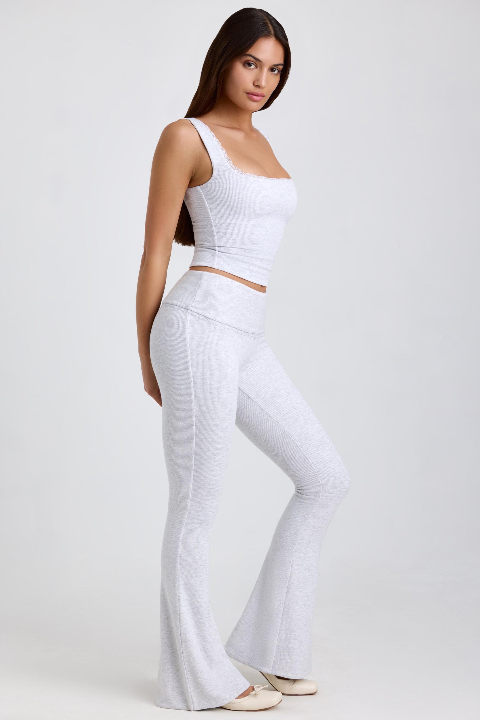 Ribbed Modal Mid-Rise Foldover Flared Trousers in Grey Product Image