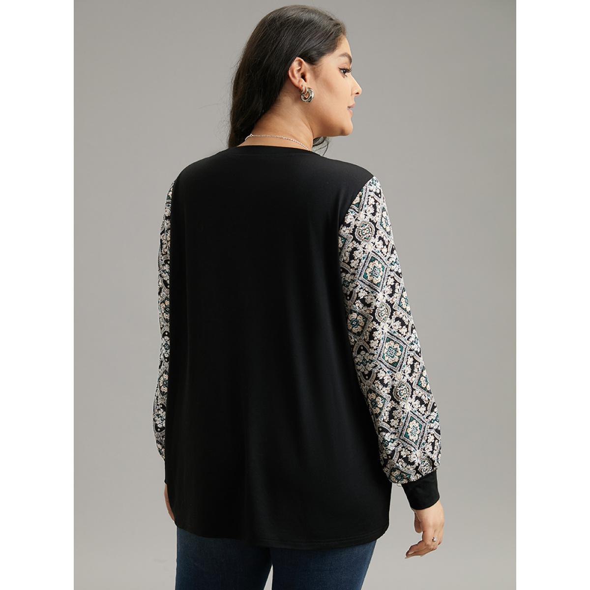 Plus Size Boho Print Patchwork Crew Neck T-shirt Black Women Elegant Printed Bohemian Print Round Neck Dailywear T-shirts BloomChic 28/5X Product Image