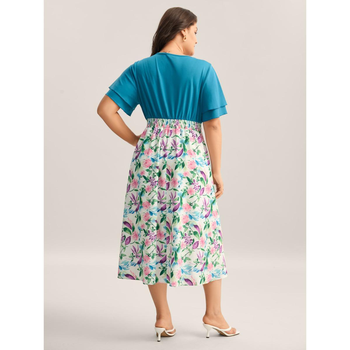 Plus Size Floral Print Layered Stretchy Waist Midi Dress Cerulean Women V-neck Short sleeve Curvy BloomChic 12/L Product Image