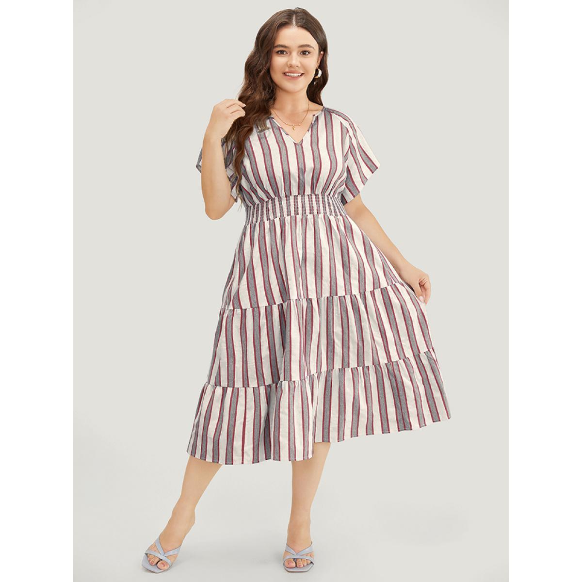 Plus Size Striped Contrast Pocket Shirred Flutter Tiered Dress Burgundy Women Resort Non V-neck Short sleeve Curvy Midi Dress BloomChic 30/6X Product Image