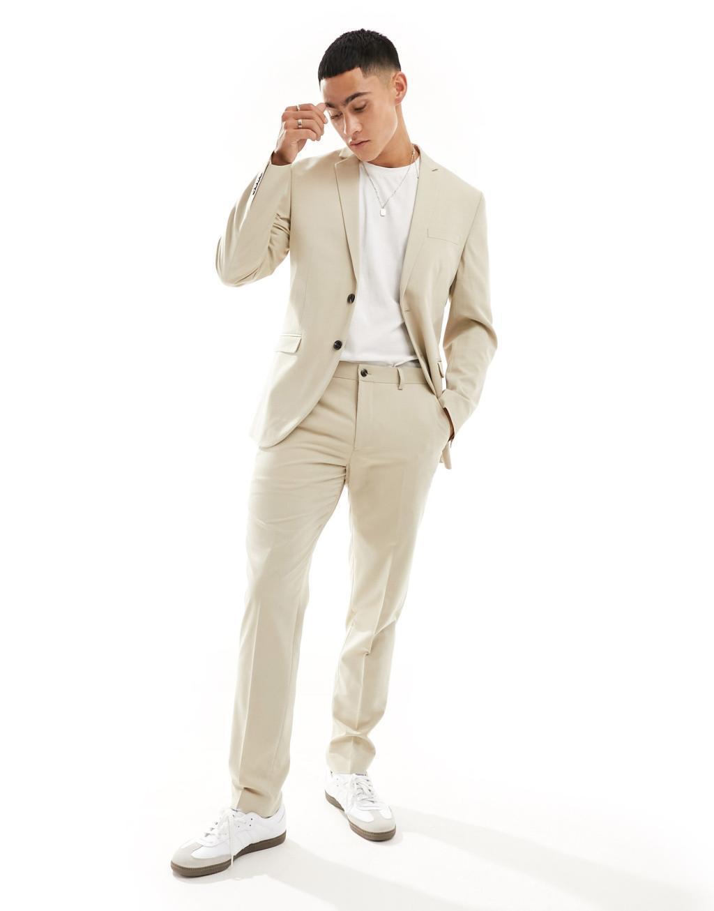 Jack & Jones slim fit suit jacket in beige Product Image