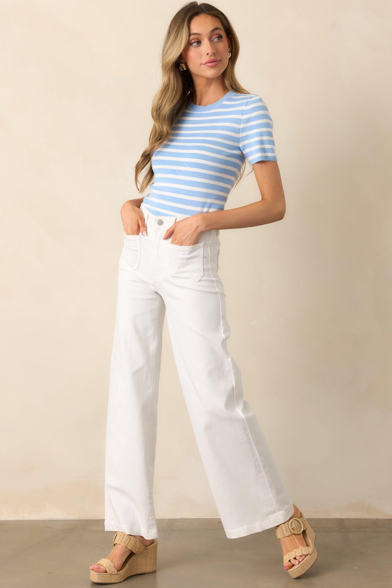 Let's Catch Up Light Blue Stripe Short Sleeve Top Product Image