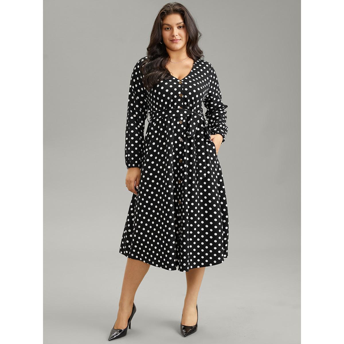 Plus Size Polka Dot Lantern Sleeve Belted Button Detail Dress Black Women Office Elastic cuffs V-neck Long Sleeve Curvy Midi Dress BloomChic 28/5X Product Image
