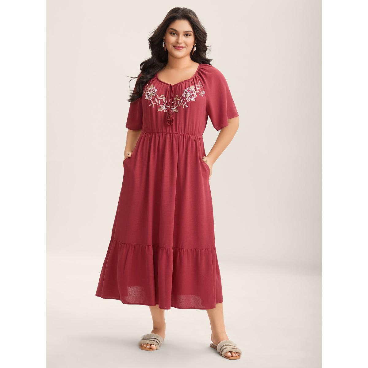 Plus Size Floral Embroidery Solid Tiered Midi Dress Russet Women Square Neck Short sleeve Curvy BloomChic 22-24/3X Product Image