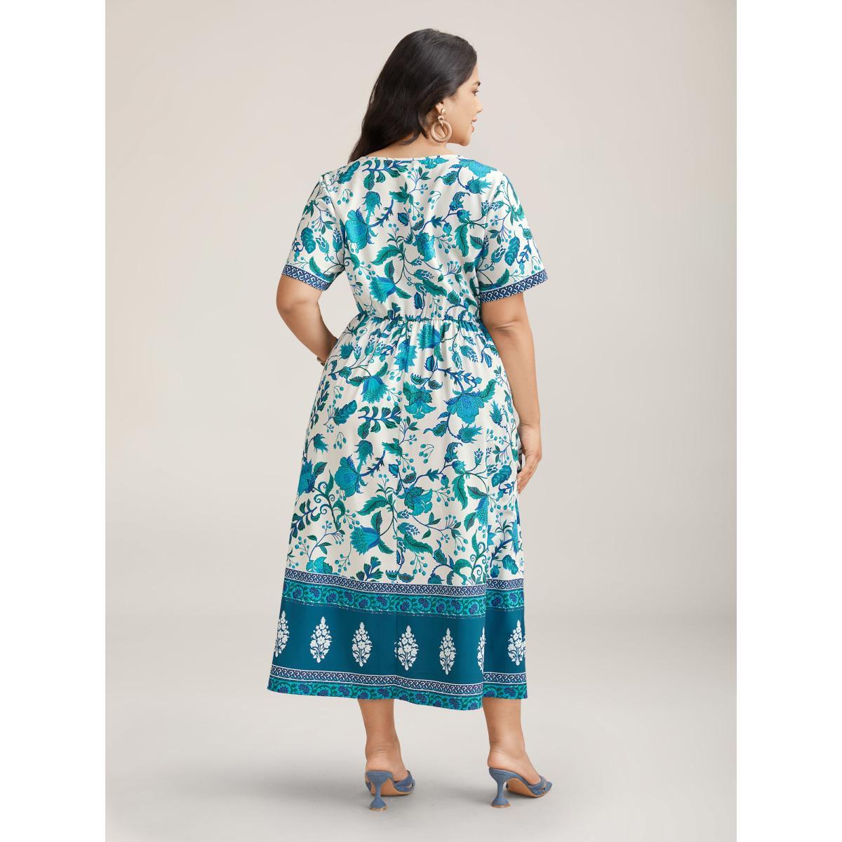 Plus Size Boho Print Notched Collar Midi Dress Teal Women Boho Non Flat collar with V-notch Short sleeve Curvy BloomChic 26/4X Product Image