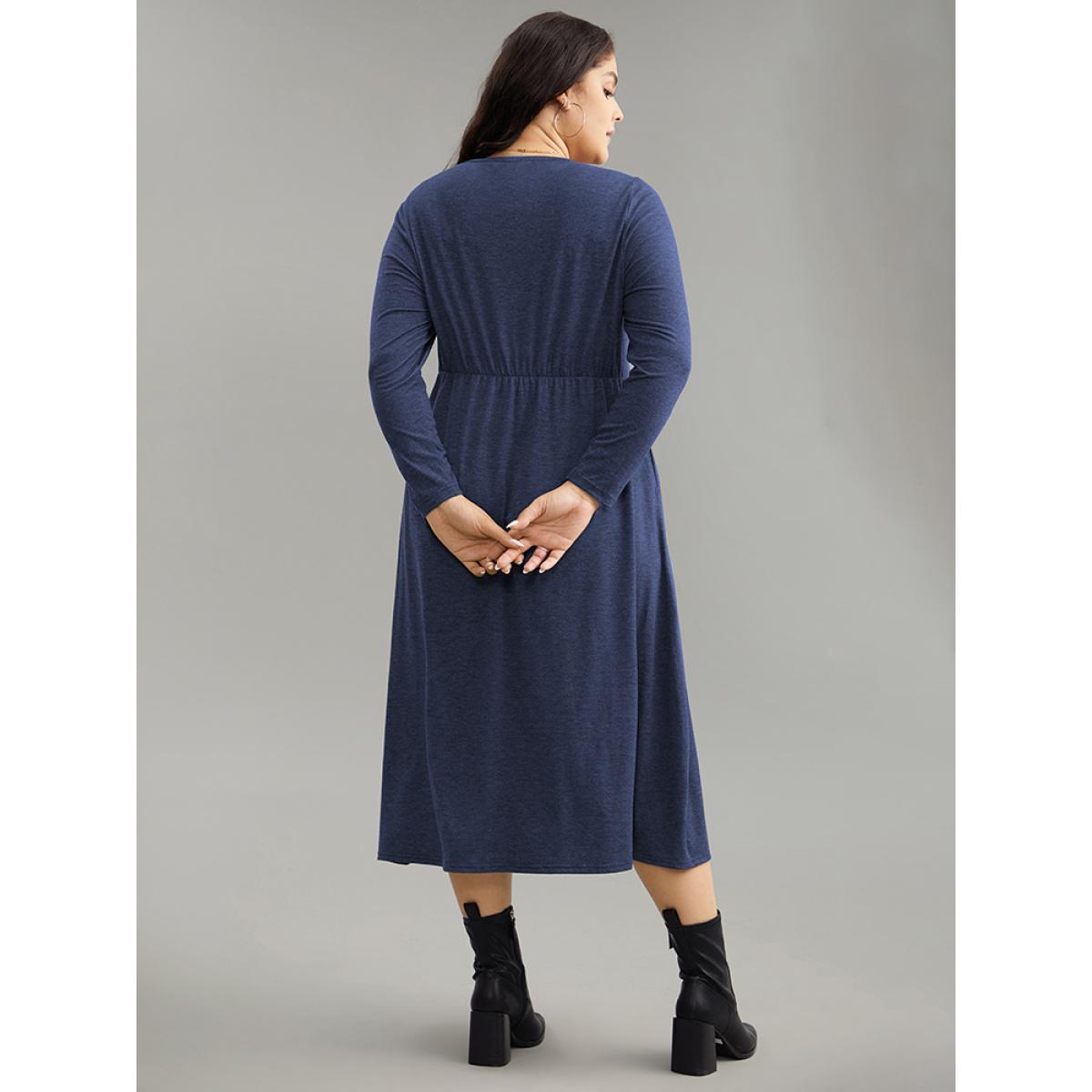 Plus Size Supersoft Solid Button Up Pocket Dress DarkBlue Women Timeless Non Round Neck Long Sleeve Curvy Midi Dress BloomChic 18-20/2X Product Image
