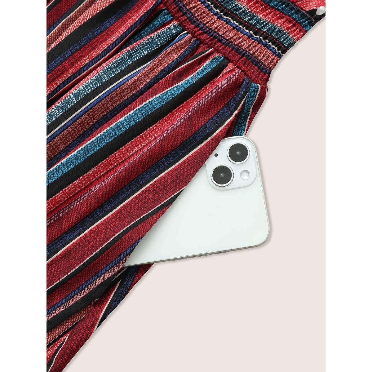 Plus Size Striped Contrast Dolman Sleeve Shirred Pocket Split Flutter Dress Red Women Boho Non V-neck Half Sleeve Curvy BloomChic 18-20/2X Product Image