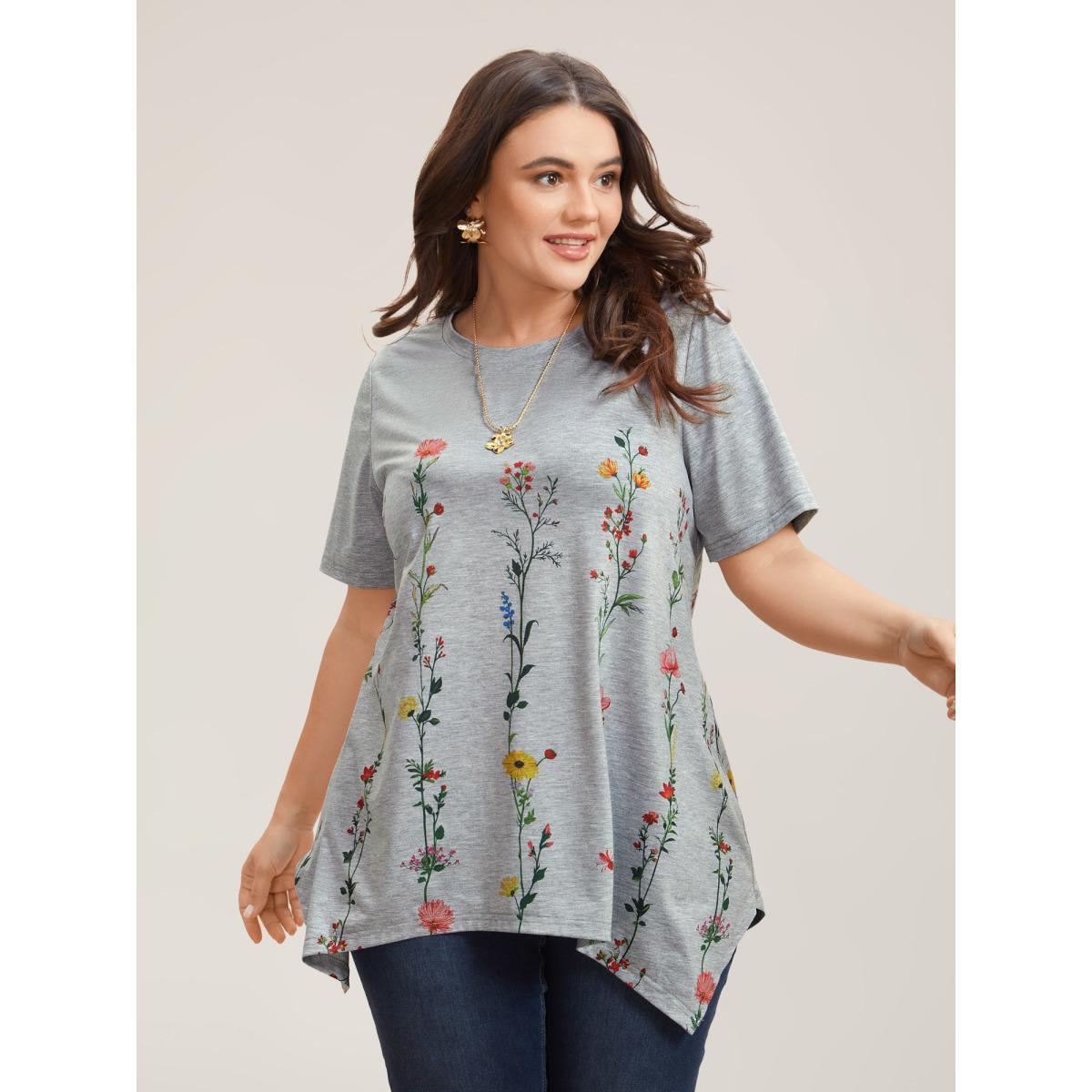 Plus Size Stretchy Hi-Low Hem Floral T-Shirt LightGray Women Timeless Asymmetrical Natural Flowers Round Neck Loose Elegant T-shirts BloomChic 14-16/1X Product Image